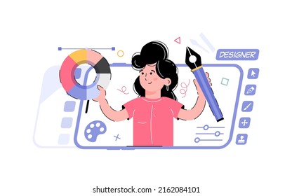 Design theme. The girl is holding a palette with paints and a brush. Element for the design of presentations, applications and websites. trend illustration. Vector illustration