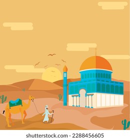 in design there is camel with the arans man will go to mosque . this illustration suitable for poster, walpaper with theme arabic, moslem,or arabic and moslem moment , etc 