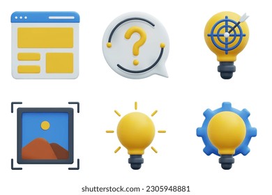 Design Thinking 3d vector icon set. Define, layout, interrogation, idea, ideate, image. Isolated on white background. 3d icon vector render illustration.