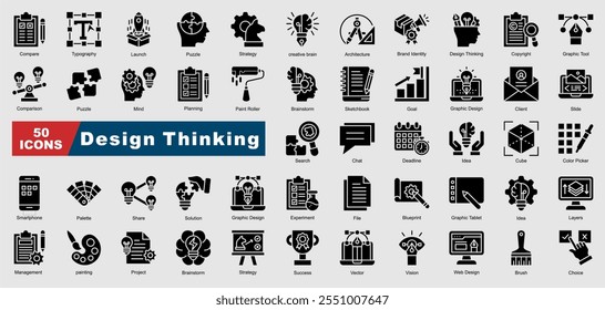 Design Thinking collection set. Typography,Graphic Design,Brainstorm, Idea, Solution,Client,Sketchbook,Mind,Color Picker,Experiment,Layers,Painting,Brush,Web Design,Project,Palette,Cube,Deadline,Goal