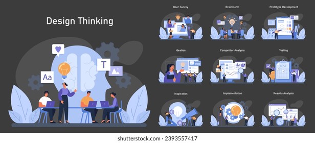 Design Thinking dark or night mode set. Innovative solution finding from user surveys to results analysis. Collaborative brainstorming, ideation, and testing processes. Flat vector illustration