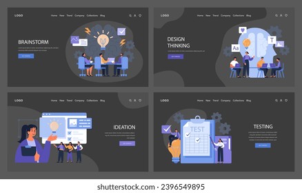 Design Thinking dark or night mode web layout set. From brainstorm to ideation and testing, creative teamwork and analytical evaluation. Website design process in detail. Flat vector illustration