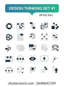 Design Thinking Fill Icon Set – Solid Vector Icons of Brainstorming, Innovation, User Research, Prototyping, Testing, and Creative Process for UX, Product Development, and Design Strategy