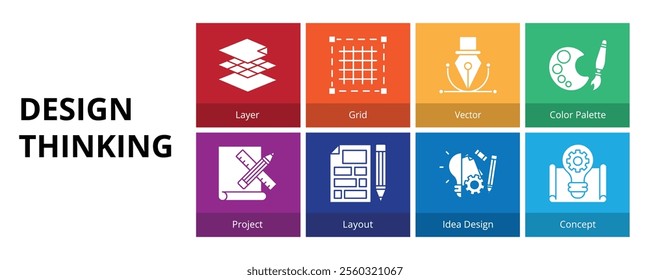 Design Thinking Glyph Solid Banner Web Icon Set Vector Illustration