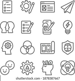 Design thinking icon illustration vector set. Contains such icons as Brainstorming, Survey, Discuss, Empathy, Test, Prototype, Ideation, Draft, and more. Expanded Stroke