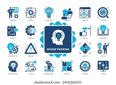 Conjunto de iconos de Design Thinking. Ideación, Proceso, Tecnología, Conocimiento, Cognición, Innovación, Inspiración, Prototipo. Iconos sólidos de color de duotono