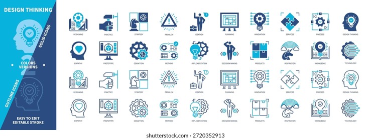 Design Thinking icon set. Ideation, Strategy, Technology, Knowledge, Method, Innovation, Inspiration, Prototype. Duotone color solid and editable outline icons