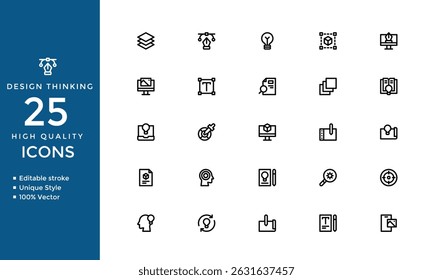 Design Thinking Icons - Ideia Criativa, Inovação, Conceito e Conjunto de Vetor de Linha de Inspiração