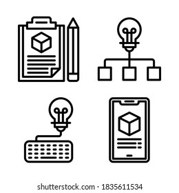 Design Thinking Icons Set = clipboard, creative flow, keyboard, smartphone. Perfect for website mobile app, ios icons, presentation, illustration and any other projects.