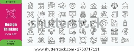 Design thinking icons set. Includes symbols of creativity, brainstorming, innovation, problem solving, prototyping, user research, and collaboration. Editable stroke. Vector illustration. Outline icon