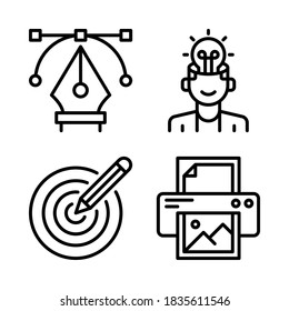 Juego de iconos de pensamiento de diseño = herramienta de lápiz, pensamiento, destino, impresora. Perfecto para aplicación móvil de sitio web, iconos de ios, presentación, ilustración y cualquier otro proyecto.