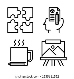 Design Thinking Icons Set = puzzle, head idea, tea, painting. Perfect for website mobile app, ios icons, presentation, illustration and any other projects.