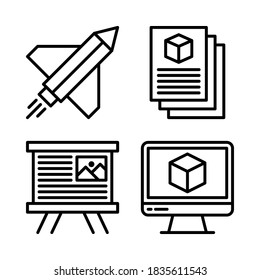 Design Thinking Icons Set = rocket pencil, files, presentation board, monitor. Perfect for website mobile app, ios icons, presentation, illustration and any other projects.