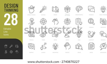 Design Thinking Line Editable Icons set. Vector illustration in modern thin style of creativity related icons: innovation, brainstorming, imagination, and more. Isolated on transparent background.