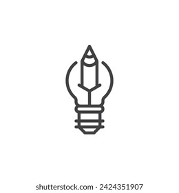 Icono de línea de pensamiento de diseño. signo de estilo lineal para concepto móvil y diseño web. Bombilla de luz con lápiz dentro del icono vector de contorno. Símbolo, ilustración del logotipo. Gráficos vectoriales