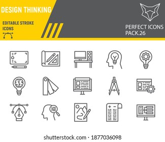 Design thinking line icon set, ideation collection, vector sketches, logo illustrations, design thinking icons, design signs linear pictograms, editable stroke