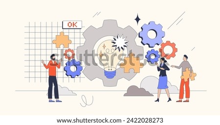 Design thinking for new creative business idea retro tiny person concept. Empathize, define, ideate, prototype and test stages after brainstorming process vector illustration. Innovation teamwork.