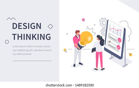 Design Thinking Process. Business Characters Create New Idea. Teamwork Concept.  Flat Isometric Vector Illustration Isolated.
