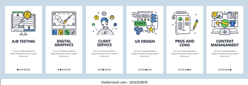 Design Thinking Process. Digital Graphics, Ab Testing, Content Management, Customer Service. Mobile App Screens. Vector Banner Template For Website And Mobile Development. Web Site Design Illustration