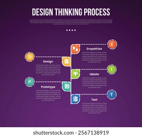 design thinking process infographic outline style with 5 point template with vertical timeline and circle dotted line for slide presentation vector