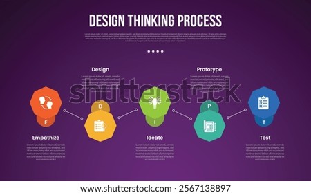design thinking process infographic outline style with 5 point template with octagon shape up and down horizontal for slide presentation vector