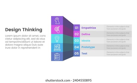 design thinking process infographic template banner with creative box table shadow 3d style with 5 point list information for slide presentation