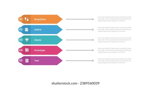 design thinking process infographics template diagram with rectangle arrow shape on edge with 5 point step creative design for slide presentation