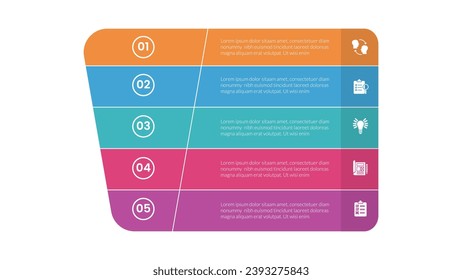 diseño pensamiento proceso infografía diagrama de plantillas con forma de embudo redondo y cuadro de rectángulo largo descripción 5 pasos diseño creativo para presentación de diapositivas