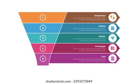 design thinking process infographics template diagram with with funnel with arrow box description 5 point step creative design for slide presentation