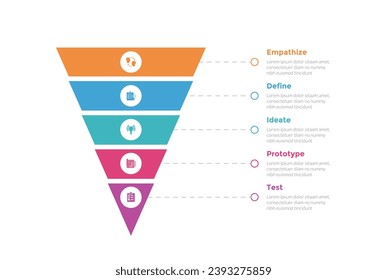 diseño pensamiento proceso infografía diagrama de plantillas con piramide inversa de embudo afilado con descripción de línea 5 pasos diseño creativo para presentación de diapositivas