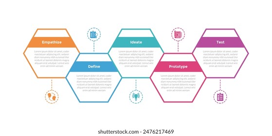 design thinking process infographics template diagram with hexagon horizontal up and down with 5 point step creative design for slide presentation vector