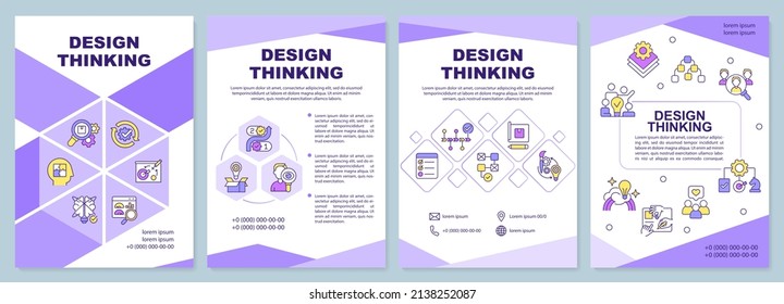 Design thinking purple brochure template. Development of product. Leaflet design with linear icons. 4 vector layouts for presentation, annual reports. Arial-Black, Myriad Pro-Regular fonts used