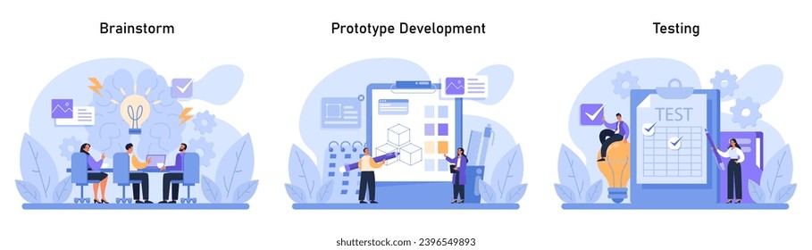 Juego de pensamiento de diseño. Colaboración en tormentas de ideas, elaboración de prototipos y pruebas rigurosas. Fases clave en el diseño centrado en el usuario para una exitosa innovación de productos. Ilustración vectorial plana