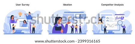 Design Thinking set. Essential steps in creative problem-solving: conducting user surveys, generating ideas, and analyzing competitors. Essential for product development. Flat vector