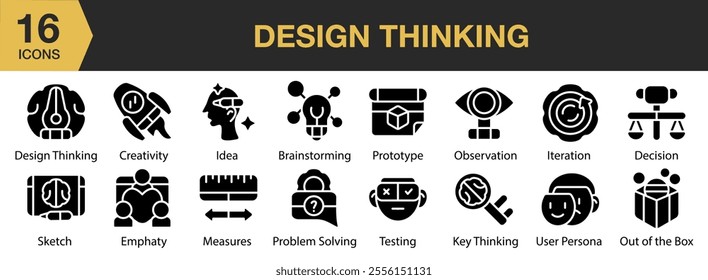 Design Thinking solid icon set. Includes brainstorming, prototype, observation, decision, testing, and More. Solid icons vector collection.
