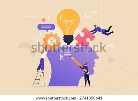 Design Thinking. Vector illustration of creative teamwork shaping ideas inside human mind. Concept of innovation, problem solving, collaboration, strategy, brainstorming and user-centered thinking in business and design.