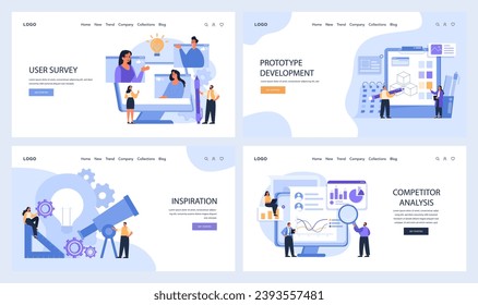 Diseñar la Web de pensamiento o el juego de aterrizaje. Etapas digitales desde la encuesta de usuarios hasta el análisis de competidores. Pasos para el desarrollo de soluciones basadas en la web, la interacción del usuario y la evaluación de datos. Vector plano