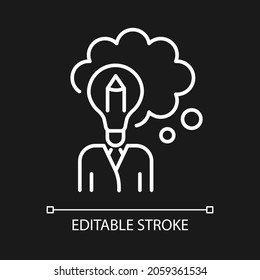 Design thinking white linear icon for dark theme. Imagination and inspiration. Analysis, evaluation. Thin line customizable illustration. Isolated vector contour symbol for night mode. Editable stroke