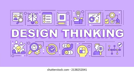 Banner de conceptos de palabra de pensamiento de diseño morado. Creando productos. Infografía con iconos sobre el fondo del color. Tipografía aislada. Ilustración vectorial con texto. Fuente Arial-Black utilizada
