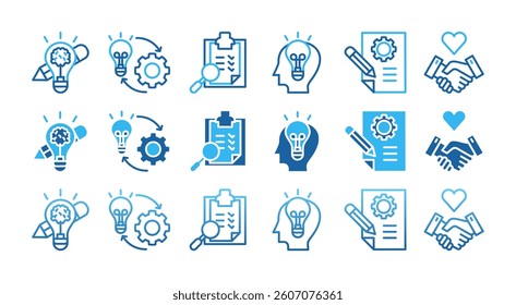 DESIGN THINKING.icon with multiple style inspiration, empathy, ideation, implementation, prototyping, and testing	