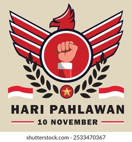 The design for this struggle day consists of a red and white Garuda bird logo with a circle in the middle depicting a fist, and there is a red and white flag logo on either side.