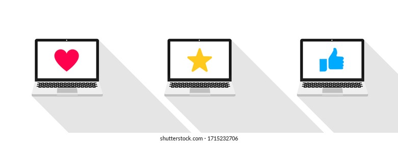 
Design of three computers front views with icons of heart, star and thumb up