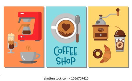 Design of three simple banners with coffee icons. For coffee shop and coffee house. Colorful template for your design, prints and illustrations. Symbol for websites and print media. Flat style Vector