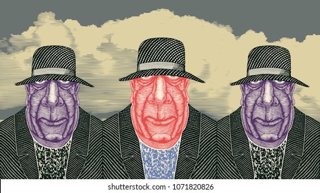 Design With Three Sinister Men And Gloomy Skies. Vector Illustration. aspect ratio 16:9