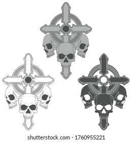 Design of three skulls with cross in scale of crises