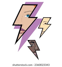 Design for thunderbolt symbols t-shirt with faces of women of different races. Vector illustration about feminist struggles and tolerance.