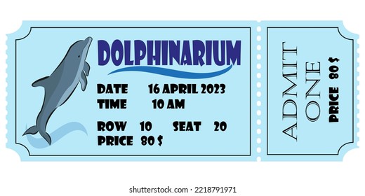The design of a ticket to the dolphinarium with the image of a dolphin in blue. Vector illustration