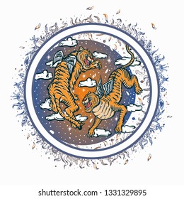 design tiger fly illustration moon flower