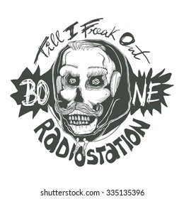 Design "Till I Freak Out, Bone Radiostation" for t-shirt print with skull in headphones in hoodie 