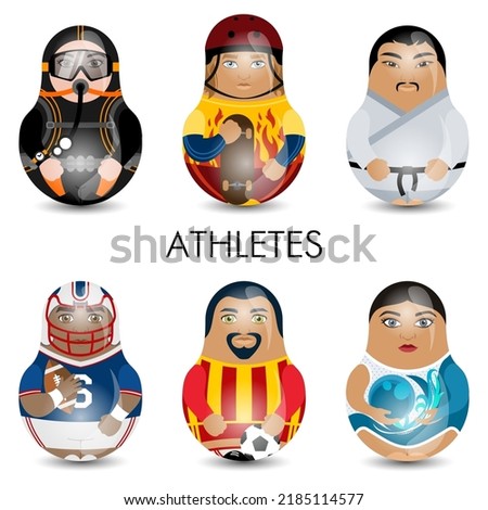 Design tilting toy. Athletes different people set. Diver, skater, karateka, football player and gymnast. Modern kawaii dolls for your business project. Vector.